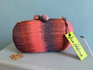 NWT Sam Edelman Woven Ikat Hard Shell Clutch Bag Rust Blue Gold Chain Minaudiere